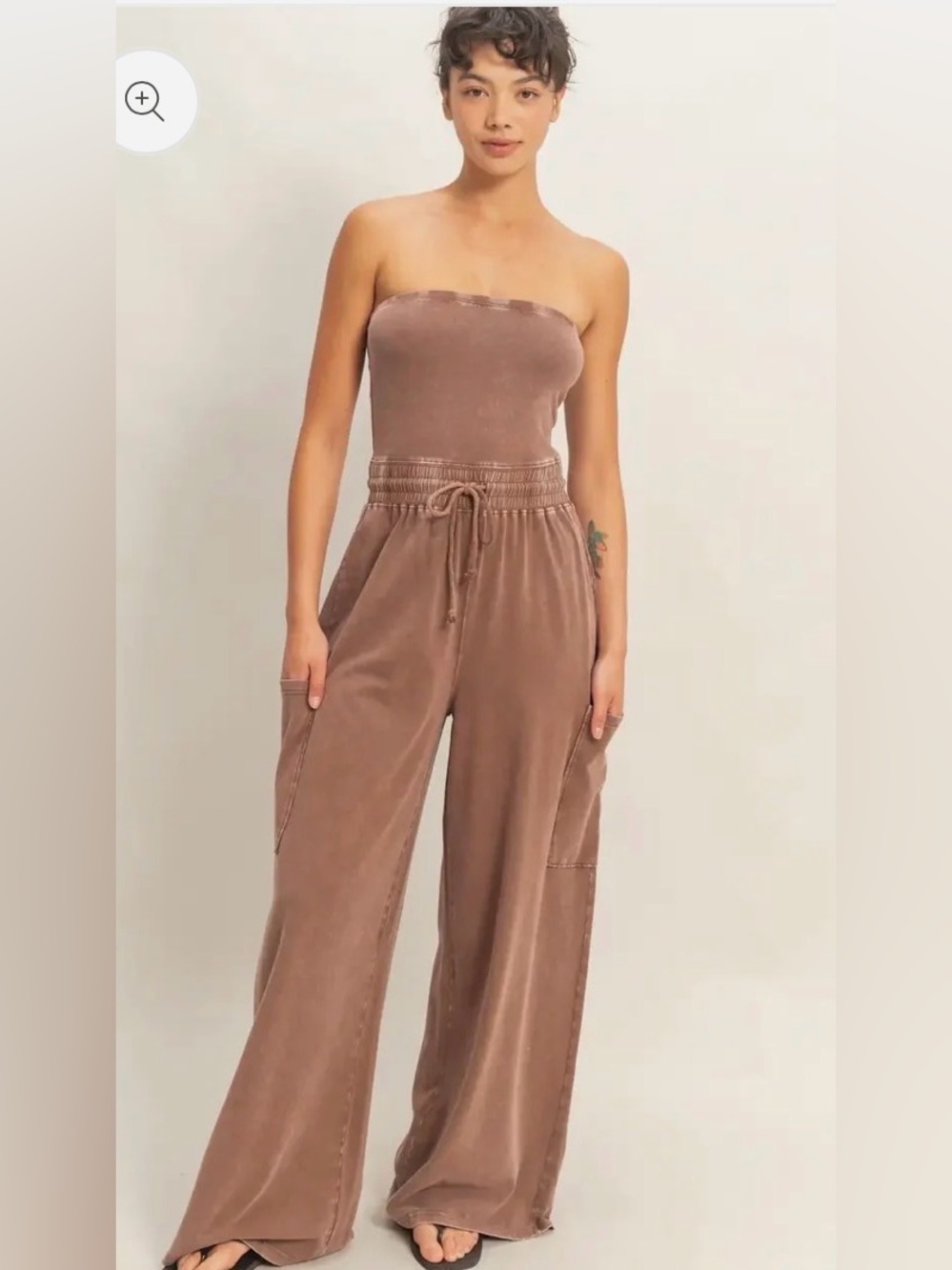 91 Double Zero Strapless Wide-Leg Jumpsuit in Taupe Brown